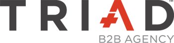 Triad B2B Agency logo with bold charcoal lettering where the "A" is in orange as a triangular mark made with a plus symbol.