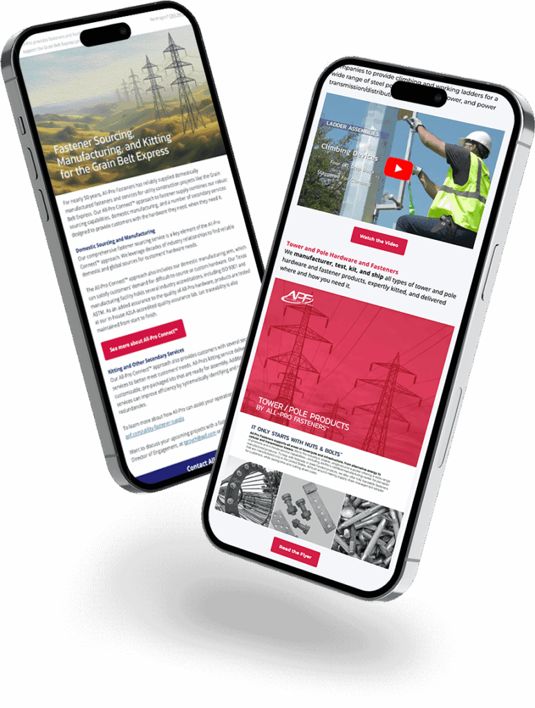 Two smartphones displaying APF email layouts with utility imagery and product highlights.