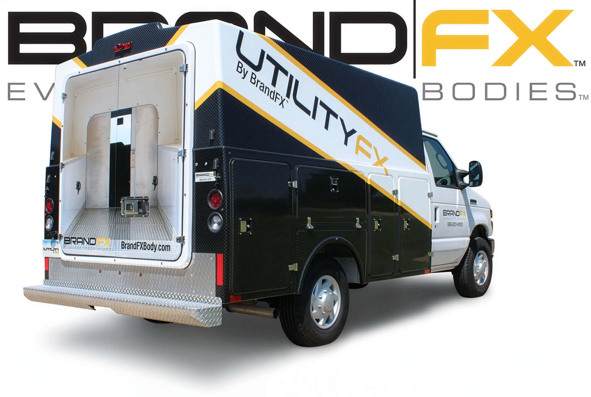 BrandFX UtilityFX truck with black-and-white composite body and yellow graphic accents.