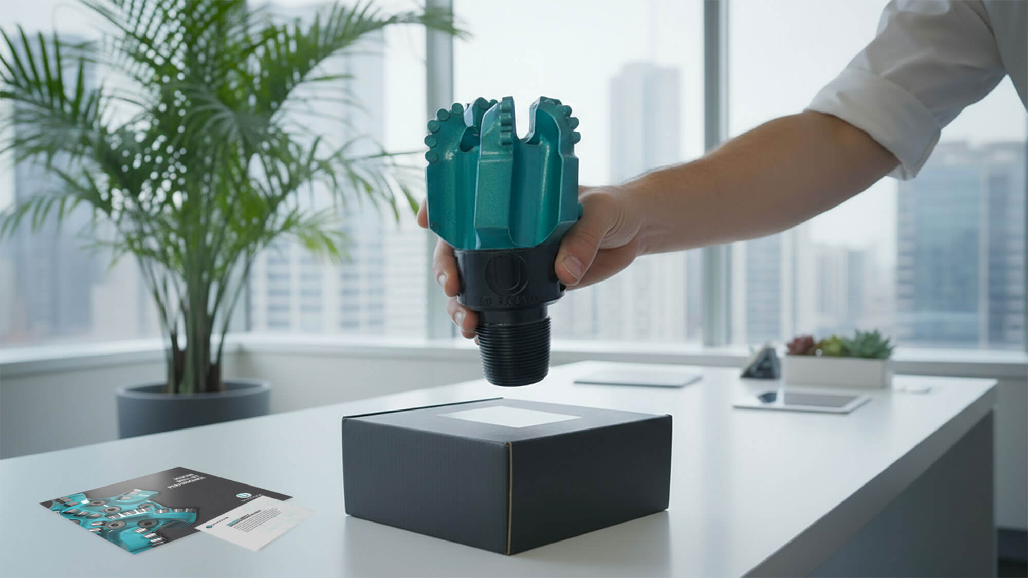 Hand placing a teal Ulterra 3D printed drill bit model onto a black box in an office setting.