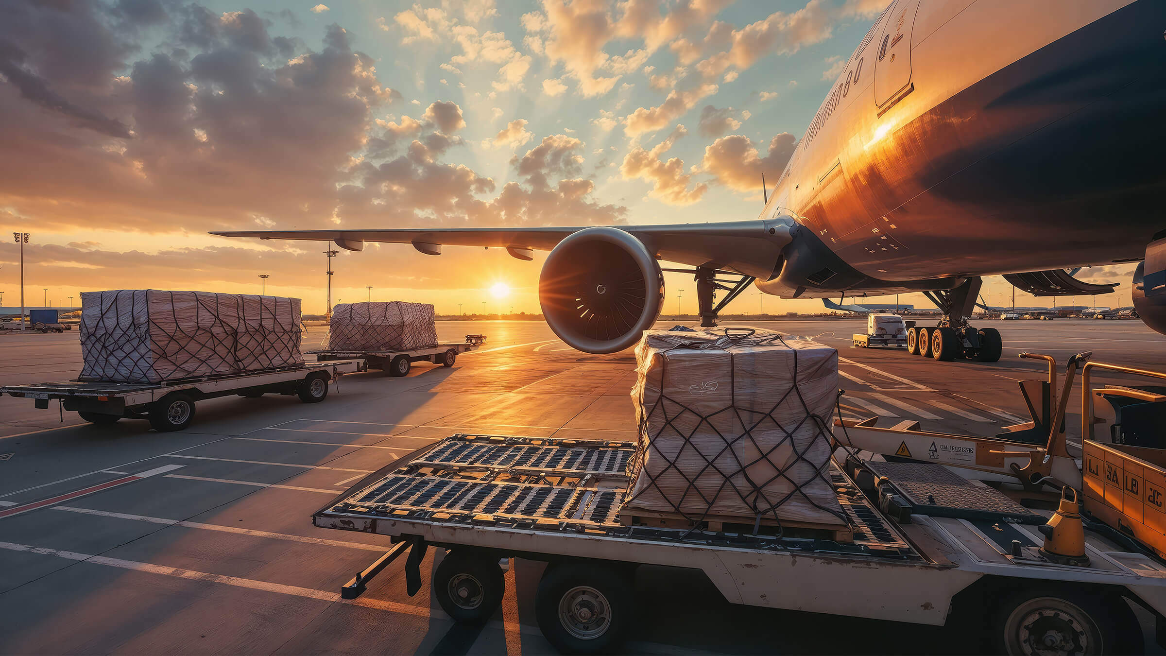 Air cargo pallets loaded onto a freight aircraft at an airport during sunset, representing international logistics and third-party shipping operations.