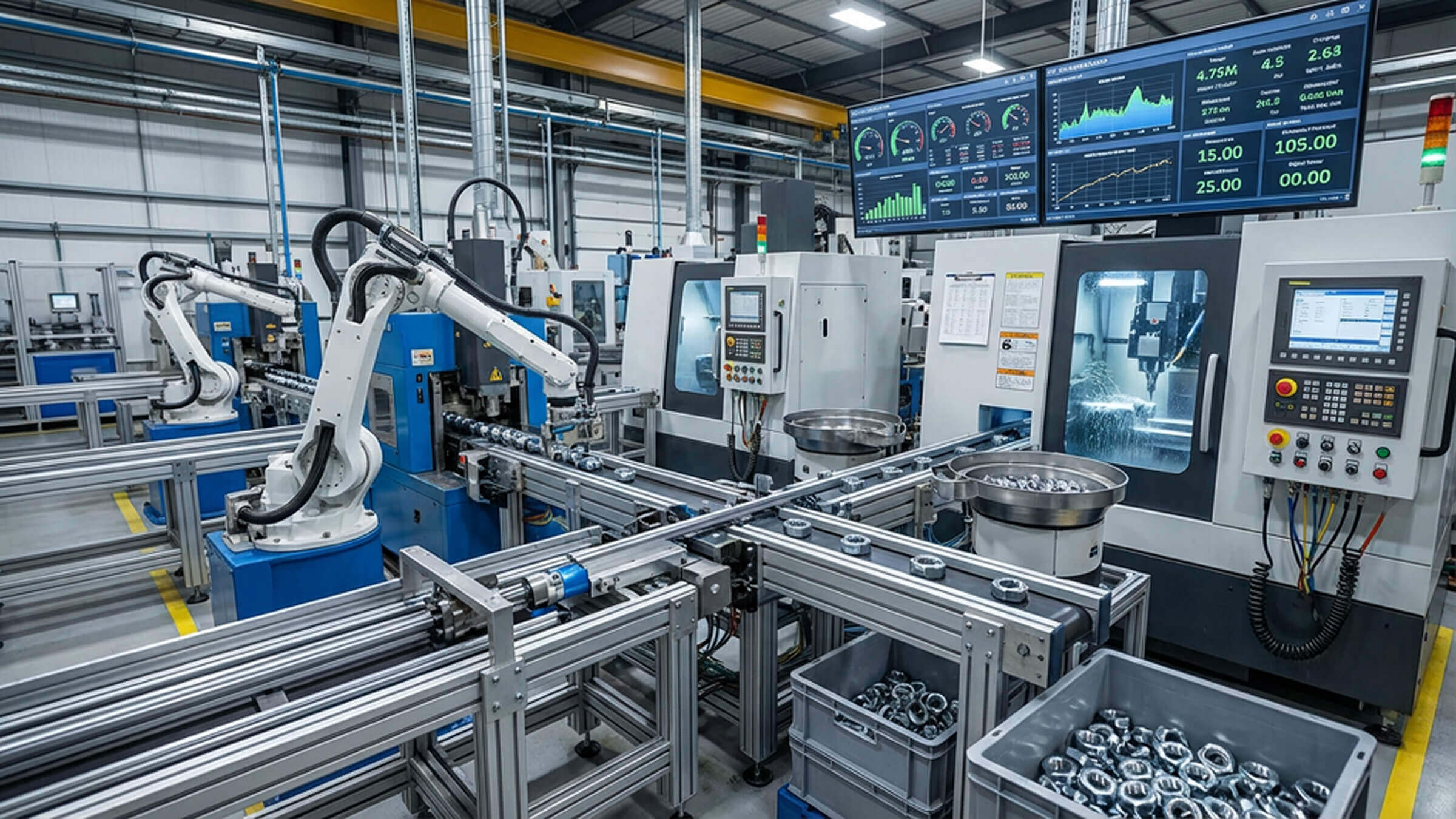 Automated manufacturing line with robotic arms and CNC machines producing metal locknuts, monitored by digital performance dashboards.