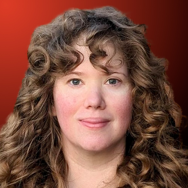 Professional headshot of woman with curly hair against an orange to black gradient background.