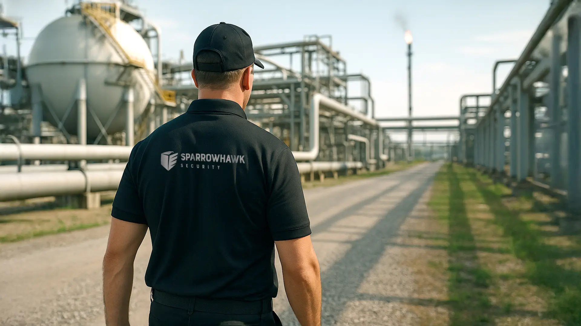 Security guard wearing a Sparrowhawk Security shirt walking through an advanced manufacturing facility with industrial pipelines visible.