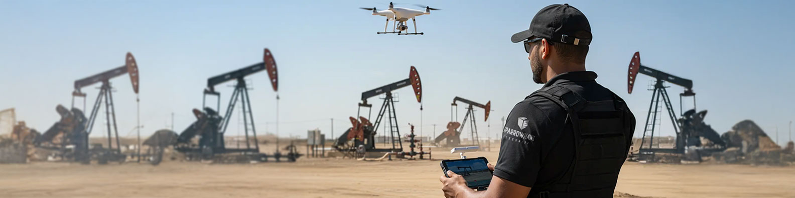 Security guard monitoring an oil field with pumpjacks while operating a drone for aerial surveillance.