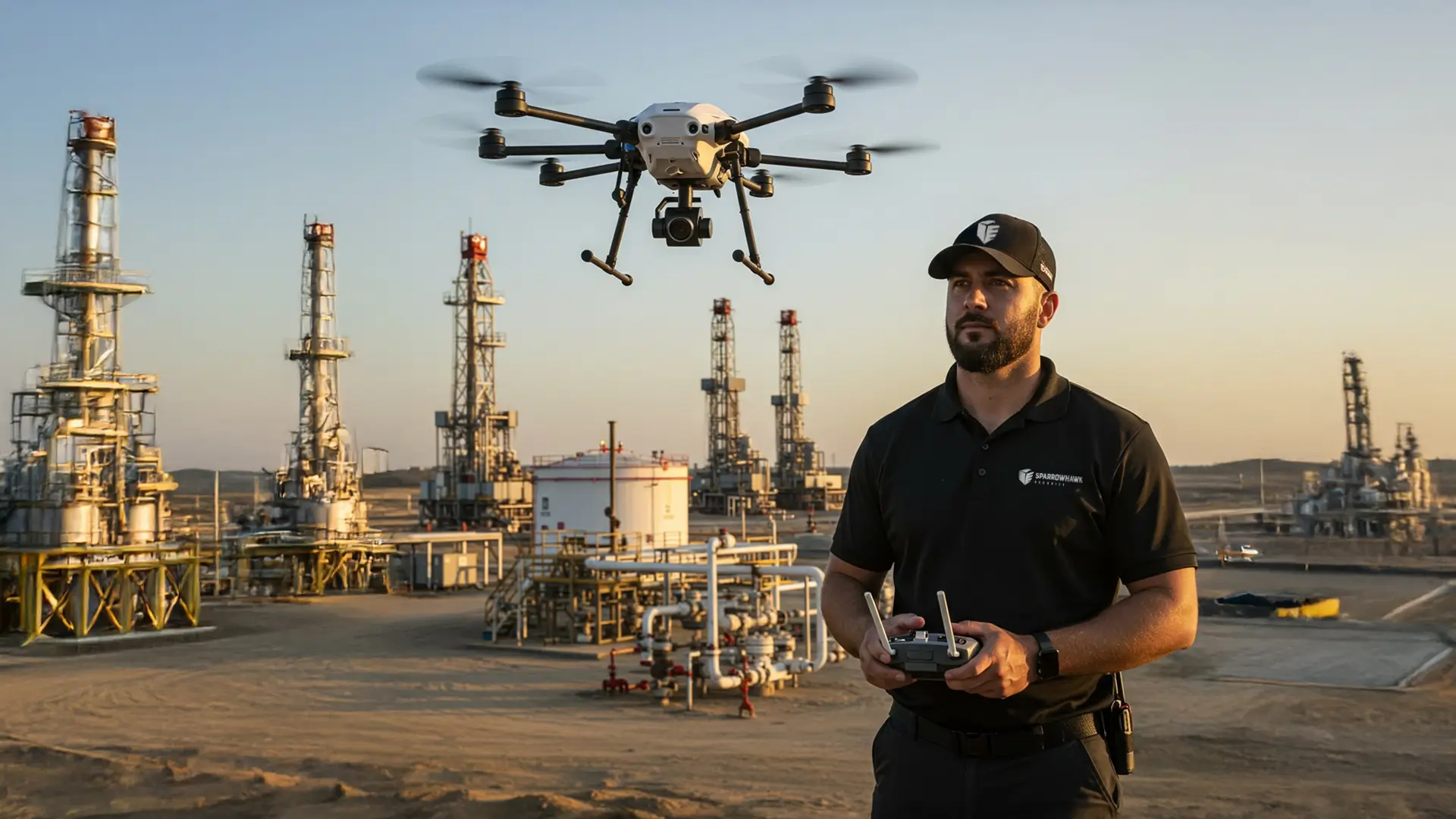 Security guard operating a drone at an oil and gas facility with refinery towers and industrial equipment in the background.