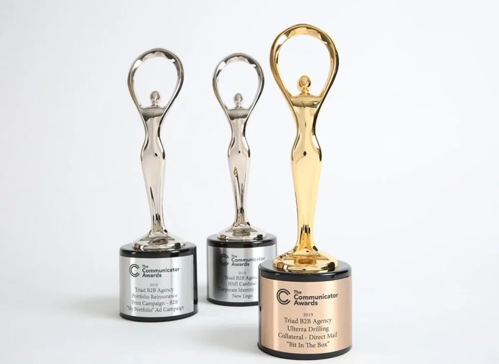 Gold and silver Communicator Awards trophies recognizing Triad B2B Agency for excellence in B2B marketing and creative work.