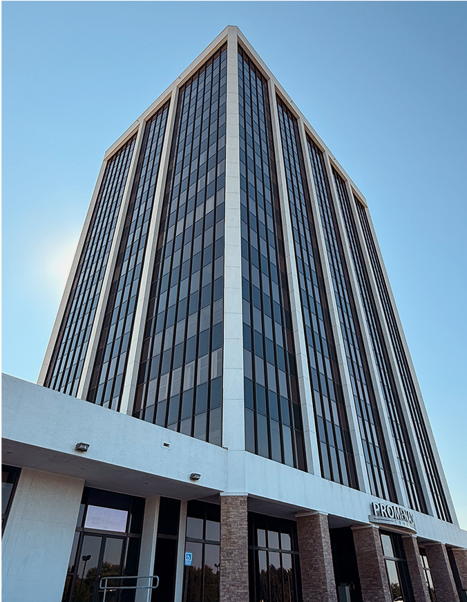 Exterior view of a modern high-rise office building at Promenade Tower in Richardson, Texas, Triad B2B Agency’s professional headquarters and corporate presence.