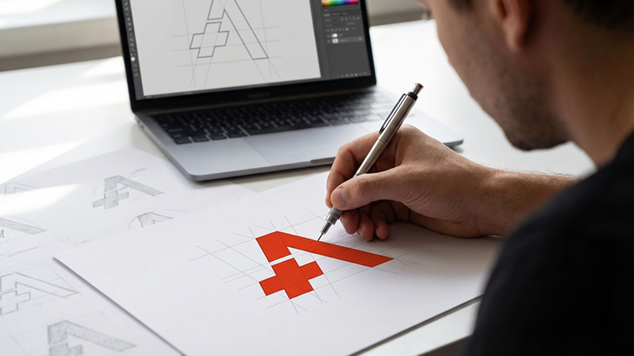 Designer sketching a red geometric logo on paper beside a laptop, branding concept for B2B marketing agency.